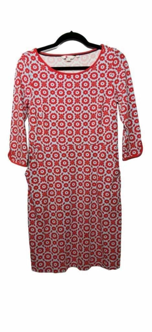 Boden Jessie Jersey Red Blue Floral Geometric Midi Dress with Pockets US 8P_A74